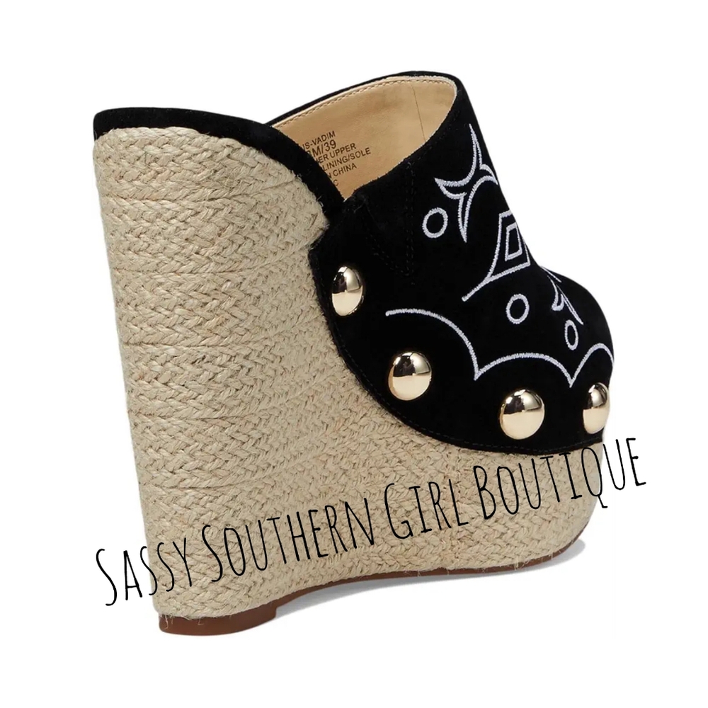 🆕⭐ Jessica Simpson suede black white embroidered wedges - Picture 7 of 15